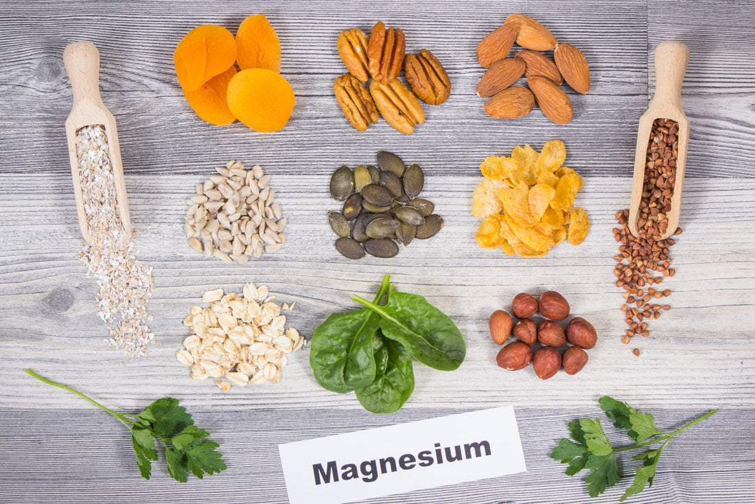 Magnesium-rich foods including nuts, seeds, and leafy greens