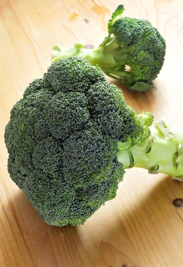 Fresh green broccoli florets on a plain white background
